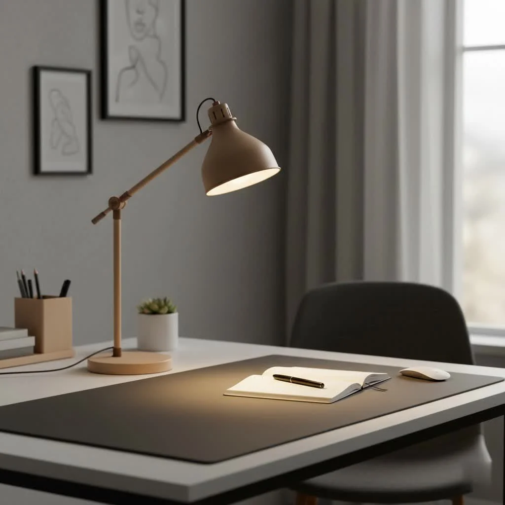 Black desk lamp illuminating a modern workspace