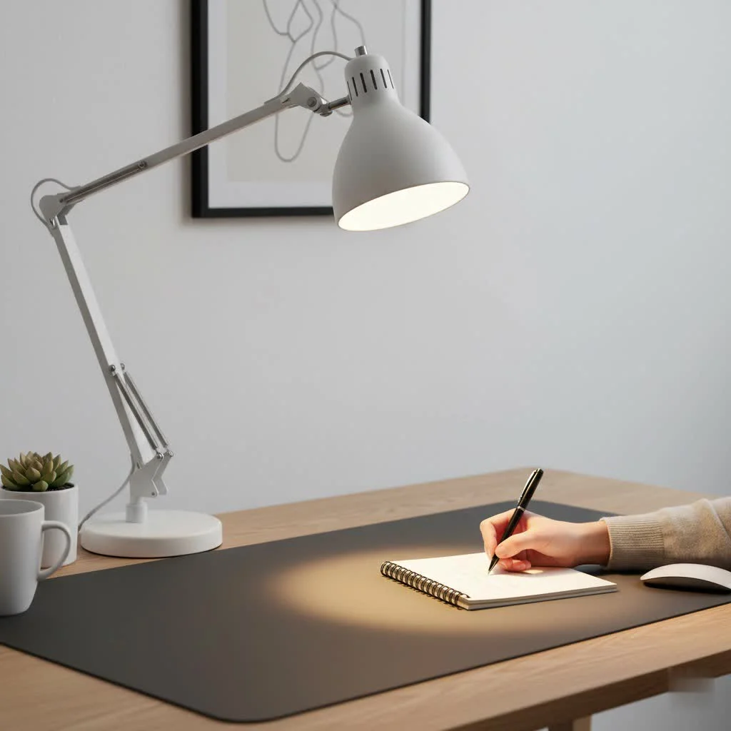 IKEA desk lamp illuminating a modern workspace