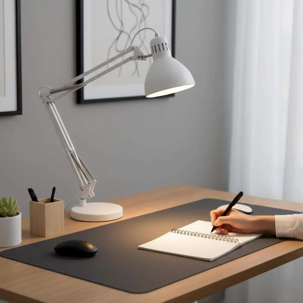 Desk lamp illuminating a modern workspace