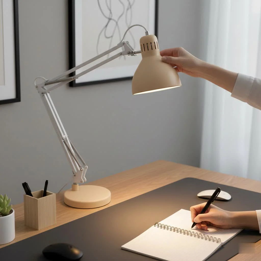 Antique brass desk lamp illuminating a workspace