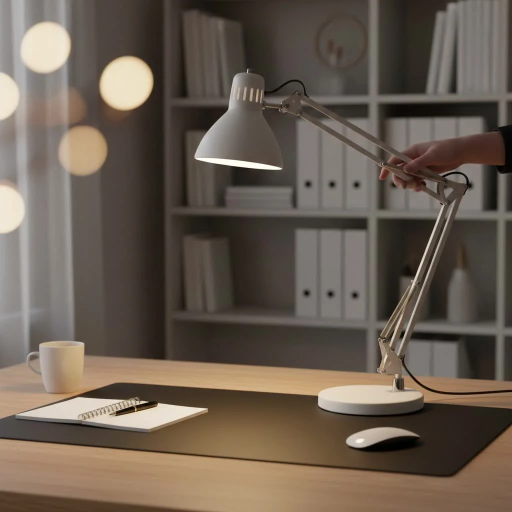 Minimalist desk lamp illuminating a modern workspace