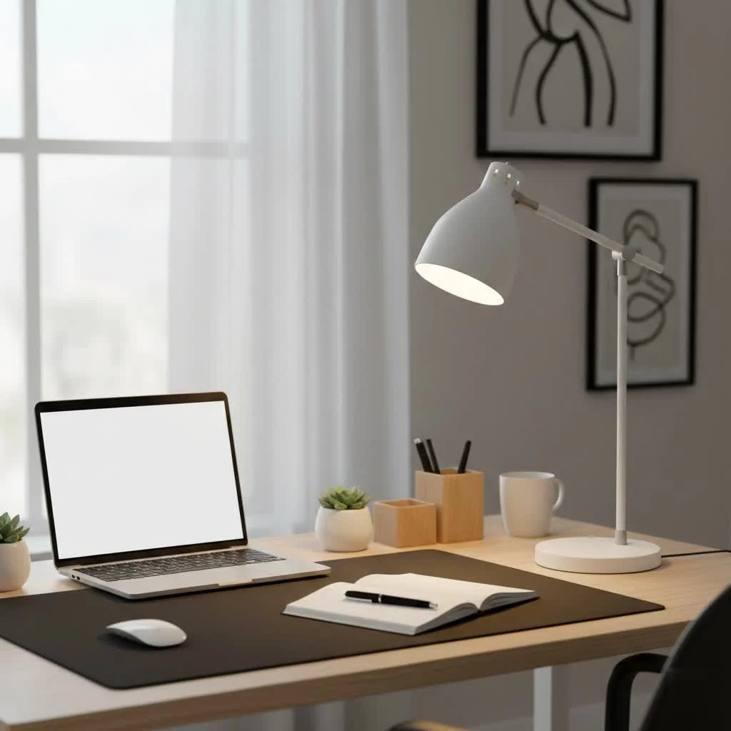 Desk lamp illuminating a workspace