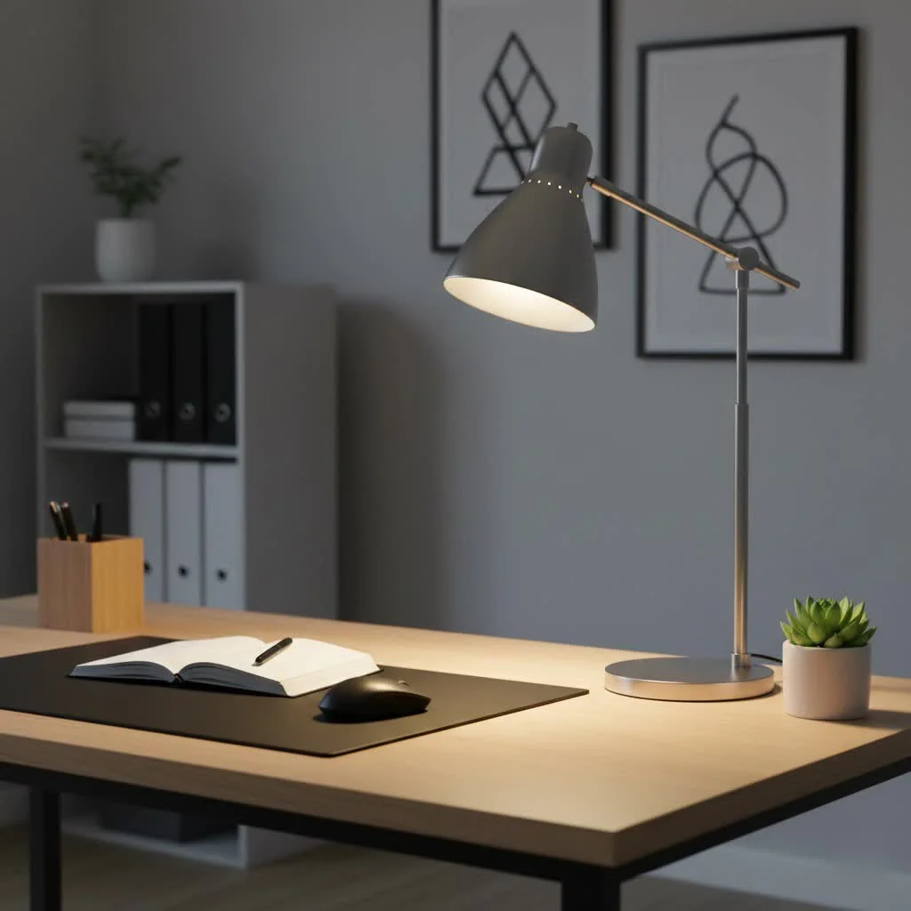 Flexible desk lamp illuminating a workspace