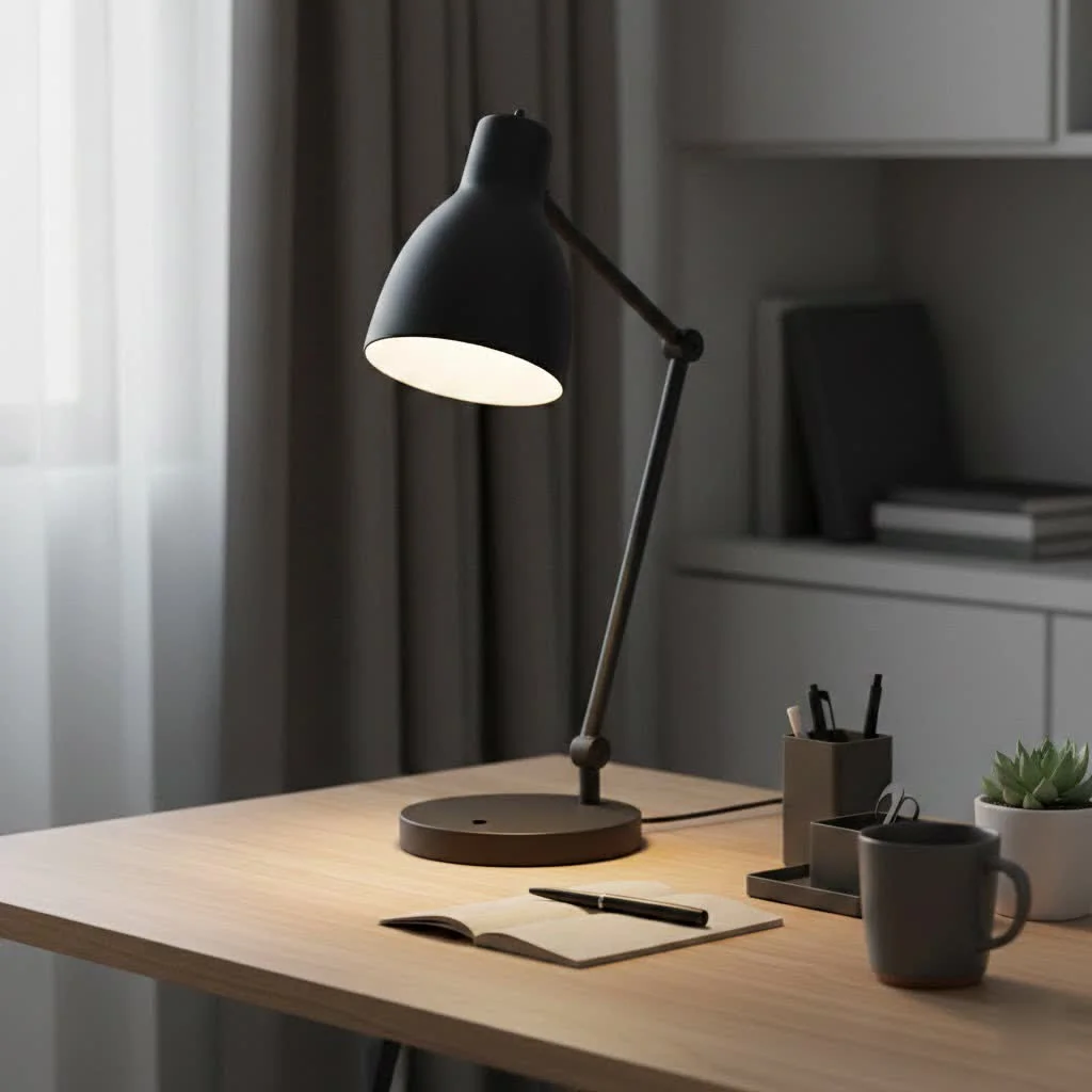 Tall desk lamp illuminating a modern workspace
