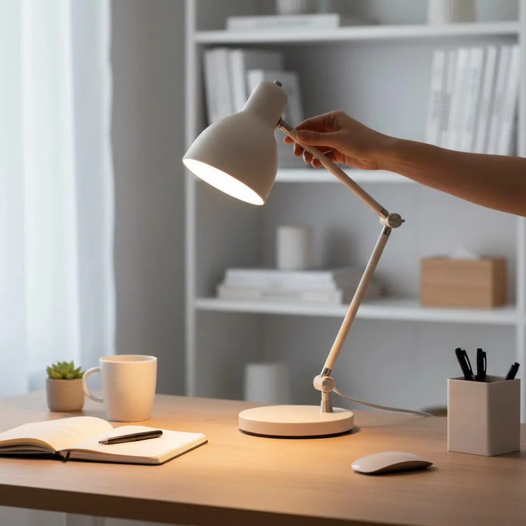 Student studying with a dorm desk lamp
