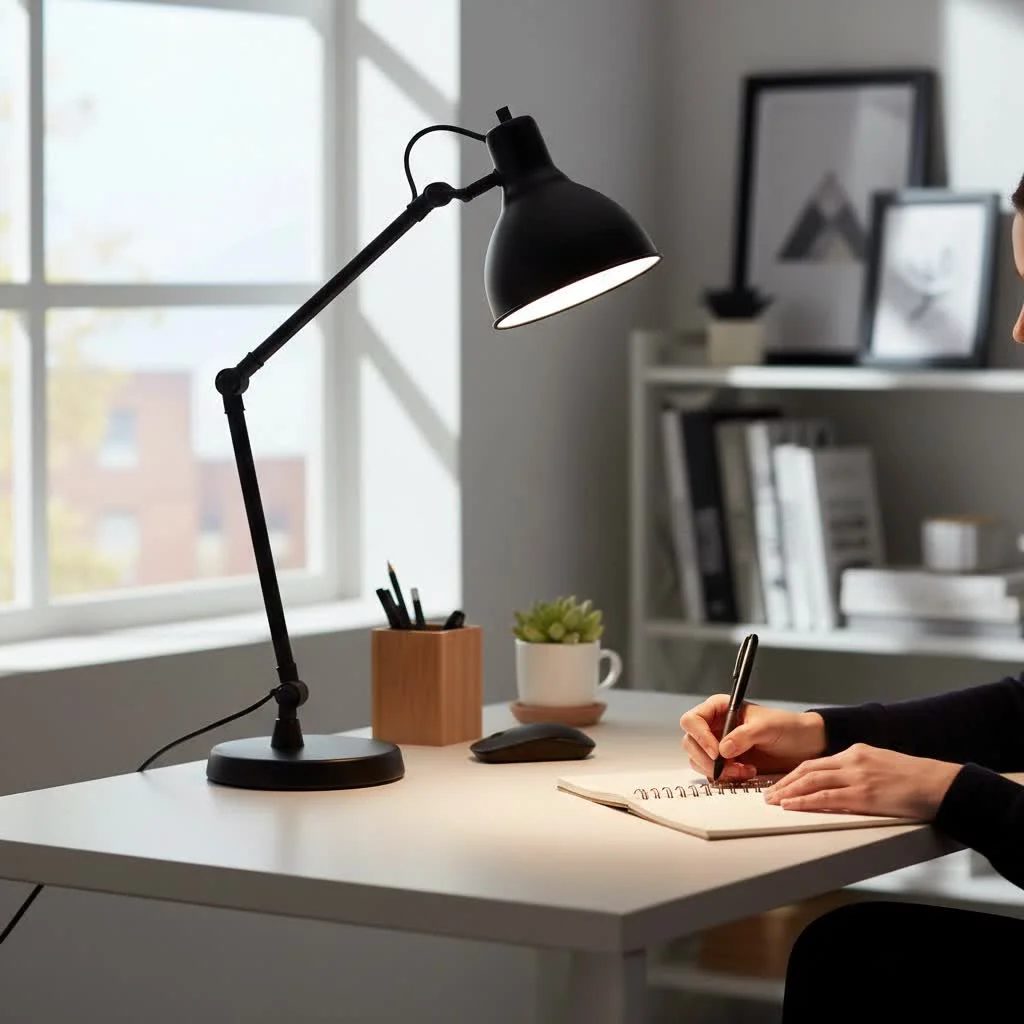 Stylish mid-century modern desk lamp with a brass finish
