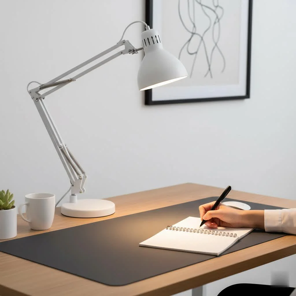 Modern LED desk lamp illuminating a workspace