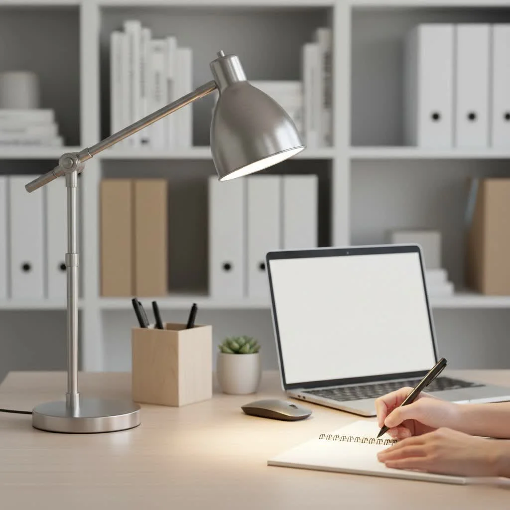 Halogen desk lamp illuminating a workspace